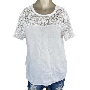 J Crew Linen Top Women's Size 6 White Lace Trim Short Sleeve